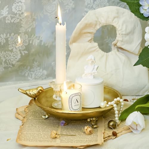 NIKKY HOME 8" Vintage Gold Pillar Candle Holder Tray with Bird Accent - Image 3