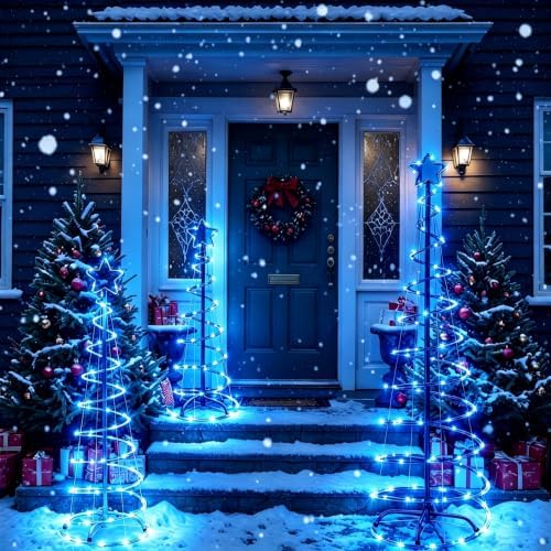 3 Packs Christmas Spiral Tree with Lights, 3/4/5 FT Lighted Xmas Collapsible Tree with Metal Stakes for Indoor & Outdoor, Yard, Porch, Garden Holiday Decor (Blue, 3-4-5 FT) - Image 5