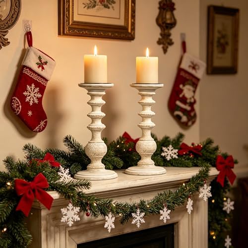 Hosley Set of 2 White Wooden Pillar Candle Holder 11 Inch High Country Style Ideal for Weddings or Parties as Well as Home Decor - Image 5
