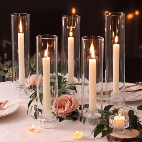 NITIME 9 Set Hurricane Glass Candle Holders for Taper Candles, Candlestick Holders with Windproof Glass Tubes(11.8"/12.6"/13.8" H), Taper Candle Holders for Table Centerpieces, Wedding, Party Decor by NITIME