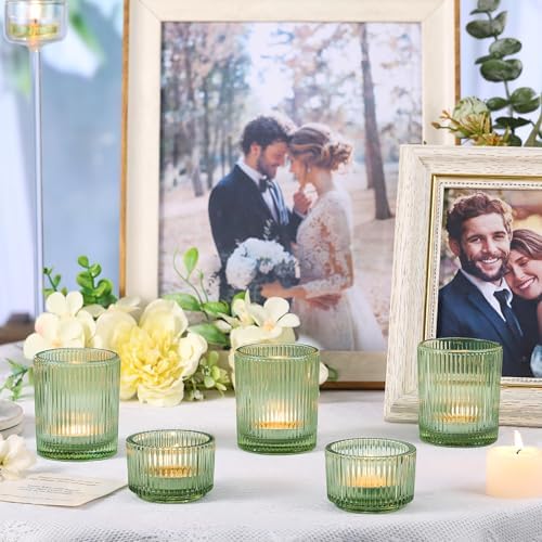 NITIME 20pcs Ribbed Green Votive Candle Holders, Assorted Tea Light Candle Holder Glass for Wedding Table Decor, Green Candle Holders for Table Centerpieces, Brithday and Tea Party Decorations - Image 5