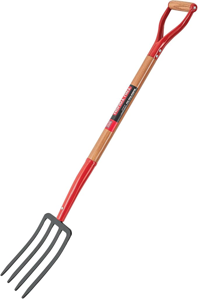 Truper Spading Fork, 4-Tine Steel Head, 30-Inch, Wood D-Handle, Heavy-Duty Garden & Landscaping Digging Fork (Model 30293)