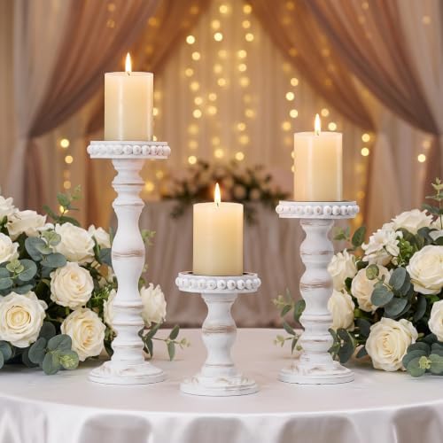 Mumufy 3 Set Wooden Candle Holders for Pillar Candles, White, Large by Mumufy
