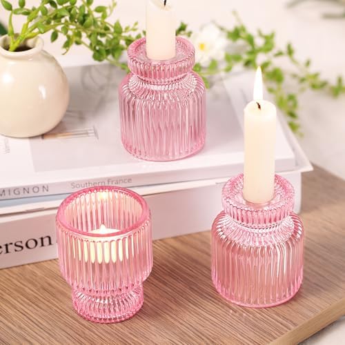DARJEN 6 Pcs Pink Candlestick Holders - Glass Taper Candle Holders Tealight Votive Candle Holders for Table Centerpieces, Wedding, Dinner Party, Home, Gifts - Image 4