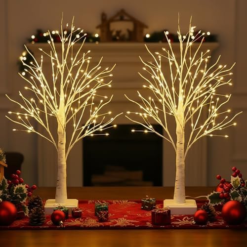2ft Lighted Birch Tree with 144 Warm White LEDs - 2 Pack Small White Christmas Tree with Lights Centerpiece for Tabletop & Holiday Decor, Gift Ready Indoor Tree with Timer, USB/Battery Powered by NXUEBDUOutlets