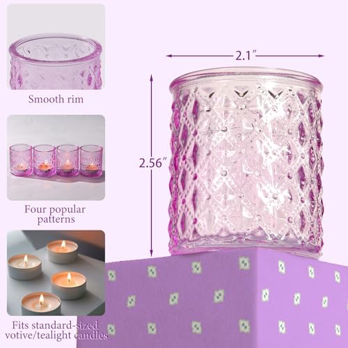 LETINE 16 Pack Purple Votive Candle Holders for Tea Lights Candles, Assorted Glass Candle Holder Bulk Set with 4 Patterns for Home Decor, Parties & Wedding Centerpieces - Image 2