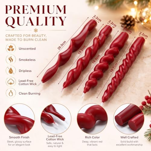 Nuanchu 4 Pcs Twisted Taper Candles,7.87 Inch,Pure,Dark Red - Image 2