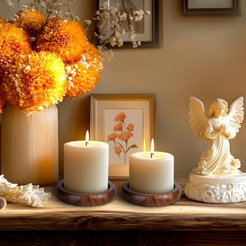 Candle Holder for Pillar Candle Set of 2, Farmhouse Wood Candle Plate, Rustic Wooden Candle Stand, Candles Tray Decorative for Living Room, Table Centerpiece, Brown - Image 4