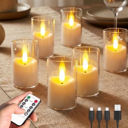 Rechargeable Acrylic Flameless LED Tea Lights with Timer, Flickering Warm Glow Votive Candles, Remote Battery Operated Set for Game Day Decorations, Holiday & Daily Table Decor (Set of 6, White) by Ntewidbroansa