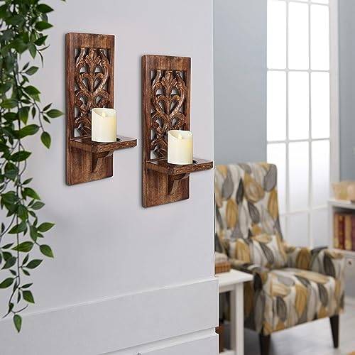 Burnt Wood Wall Sconces Set of 2 - Wall Mounted Pillar Candle Holders for Christmas Decoration, Rustic Wooden Scones, 16 Inch Wall Décor for Living Room & Bedroom - Image 2