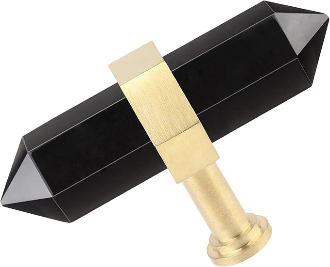 mookaitedecor Set of 2 Black Obsidian Double Crystal Points Drawer Knobs with Screws, Decorative Stone Cabinet Handle Pulls for Dresser Cupboard Kitchen Decor, Brushed Brass