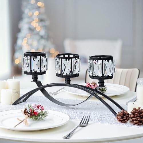 Black 3-Arm Crystal Candle Holders Arched - Elegant Tabletop Candelabra Centerpiece for Weddings, Dining Room Decor, Modern Home & Cabinet Display for & Housewarming - Image 6