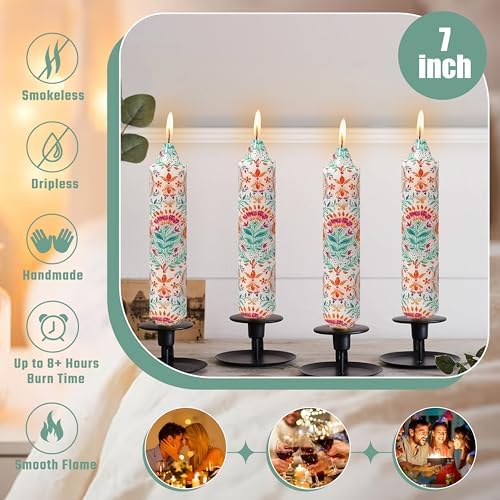 7 inch Short Candle Floral Candle Sticks Printed Candlestick Handmade Unscented Taper Candle 4 Pack Vintage Flower Tapered Candles for Bohemia Home Dinner Wedding Holiday - Image 4