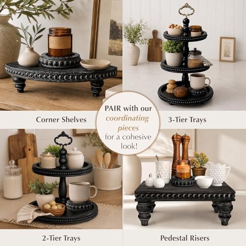 Felt Creative Home Goods Set of 2 Round Rustic Wood Beaded Risers - Sturdy 2-Sided Stackable Decor Pedestal Stands for Tiered Tray, Candle, Mug Display (Rustic Black, 5 inch) - Image 4