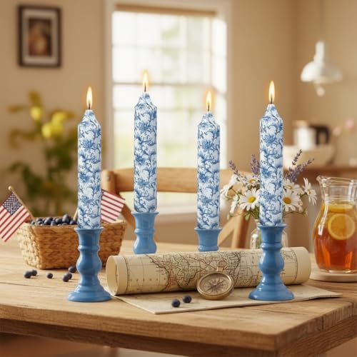 7 Inch Blue and White Taper Candles Short Chunky Candle Sticks Handmade Unscented Smokeless Chinoiserie Floral Thick Candles for Nautical Ceremony Dining Table Everyday Meals Family Dinner Elegance - Image 5