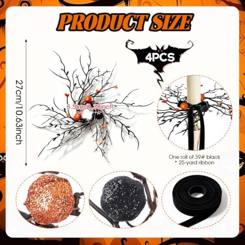 4 PCS Halloween Taper Candle Rings Wreaths 1.38" Mini Black Orange Berries & Pumpkin Taper Candle Holder Wreaths for Pillar Candle for Halloween Party Church Home Table Centerpiece Candlesticks Decor - Image 3