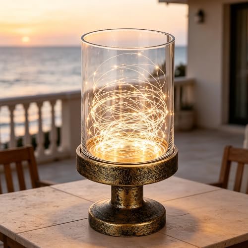 6" Wide Glass Hurricane Candle Holders and Glass Vase with Metal Base in Antique Gold, Handmade and Sturdy Glass, Pillars, Flower Arrangement, Centerpiece, Dining Table, Console Table, Mantel - Image 4
