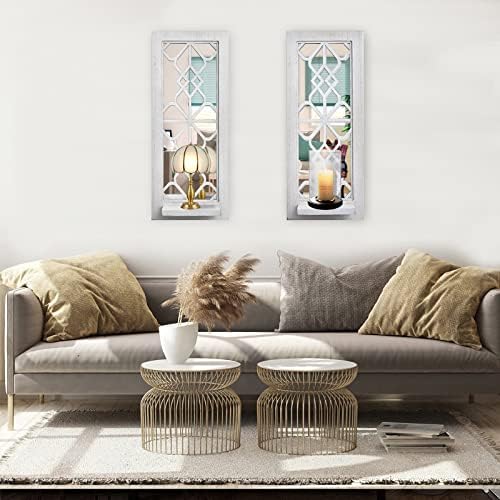 ZEXUIRU 2 Set Rustic Candle Sconces Living Room Bedroom Entryway Wood Mirrored, Farmhouse, Carved Frame Wall-Mount Wooden Candle Holders Wall Decor Hanging Handmade Holder - Distressed White - Image 3