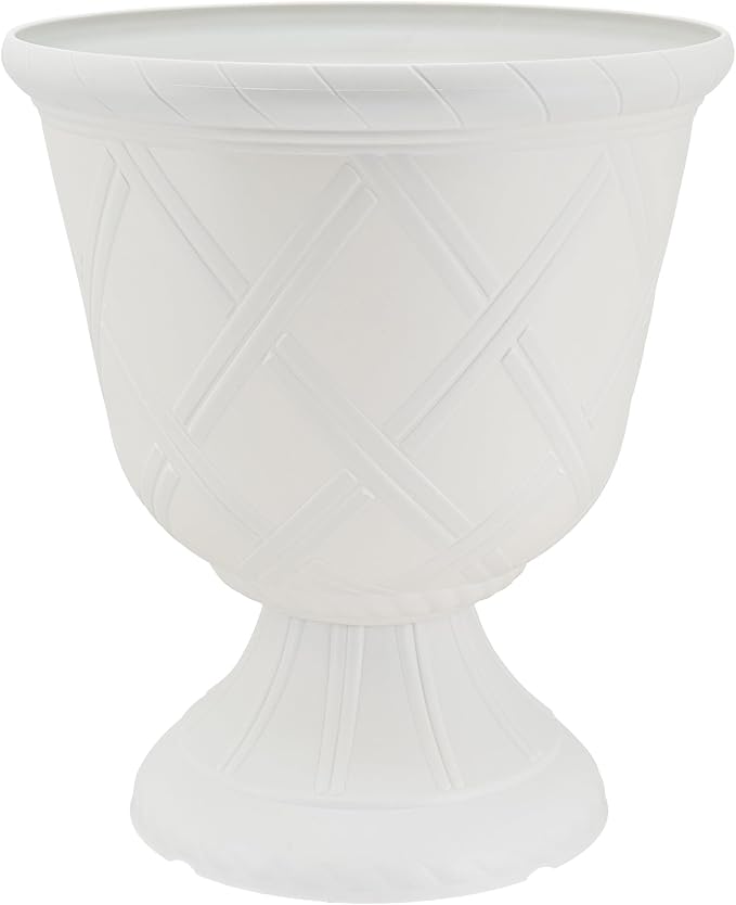 Arcadia Garden Products PL61WT Lattice Plastic Garden Urn, Classic Decorative Garden Pot Planter for Indoor and Outdoor Plants, White
