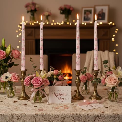 Rose Printed Taper Candle Smokeless- 4 Pack Handmade Pink Taper Candle - Dripless Uncented Candle 10 inches Long Flower Printed Tapered Candles for Mother's Day Home Wedding Restaurant Holiday Decor - Image 2