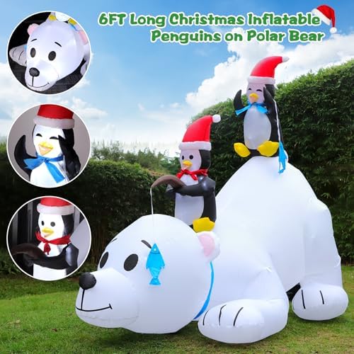 6 FT Christmas Inflatable Outdoor Decoration Polar Bear with Penguins, Xmas Blow Up Yard Decoration with Built-in LED Lights, Suitable for Christmas Party Outdoor, Yard, Garden, Lawn Holiday Decor - Image 4
