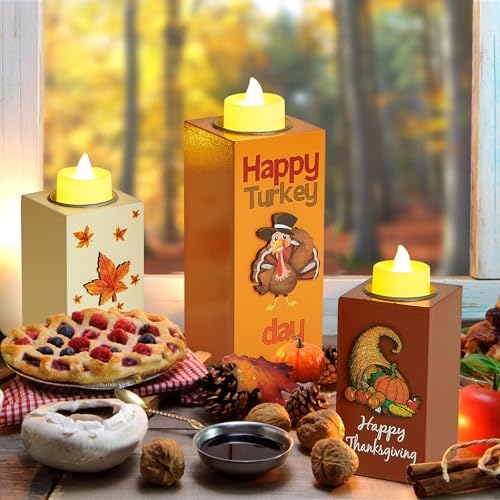 BlcTec Thanksgiving Decorations for Home 3 PCS Wood Candle Holders with LED Tea Lights & 3D Carving Craft, Rustic Candle Centerpieces for Home, Table, Office, Tiered Tray Fall Decor Thanksgiving Decor - Image 6