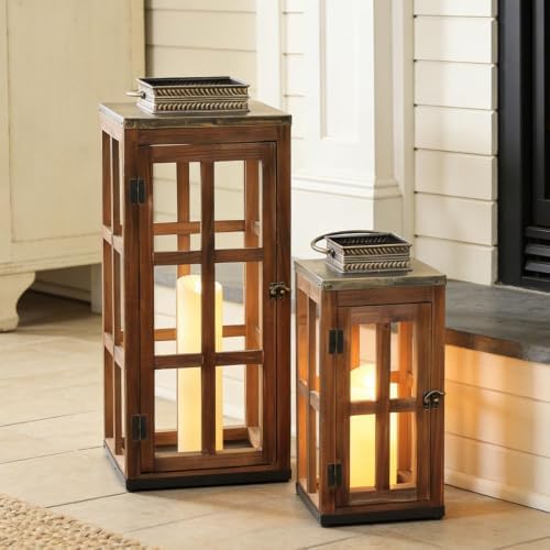 Large Farmhouse Wooden Metal Lantern Set of 2, 28''/20'' H Rustic Decorative Indoor & Outdoor Hanging Candle Lanterns, Wooden Outdoor Lanterns for Patio Front Porch Table, Dark Brown - Image 6