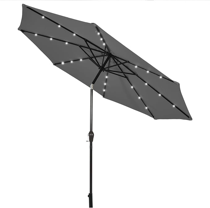 HAPPYGRILL 10FT Patio Umbrella with Lights Outdoor Solar Powered Sunbrella with Tilt Crank Umbrella for Garden Poolside Backyard Beach