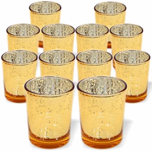 PMLAND Speckled Mercury Glass Votive Candle Tealight Holders - Bulk Pack of 12 Gold by PMLAND