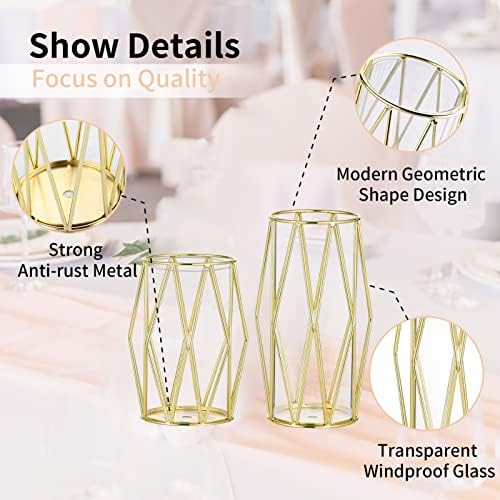 NUPTIO Gold Geometric Hurricane Glass Candle Holders, Set of 2 - Image 3