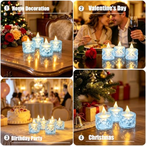 12pcs Flameless Candle Battery Operatted, Blue, Led Crystal Candle Lights, 100+Hours Fake Electeic Tealight Candles for Votive Valentines Anniversary Wedding Christmas Table Decorations - Image 6