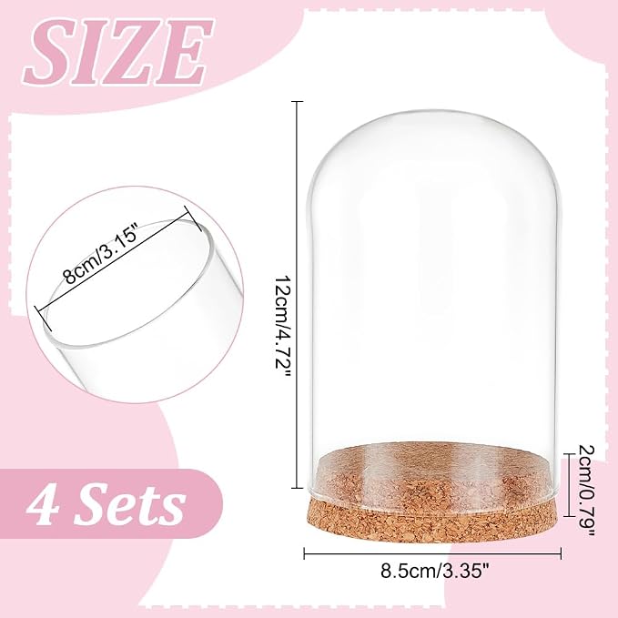PandaHall 4pcs Glass Cloche Dome Glass Display Bottle Bell Jar with Cork Base Dome Cover Decorative Jars Display Case for Flower Storage Home Christmas Party Decoration 3.15x4.72inch