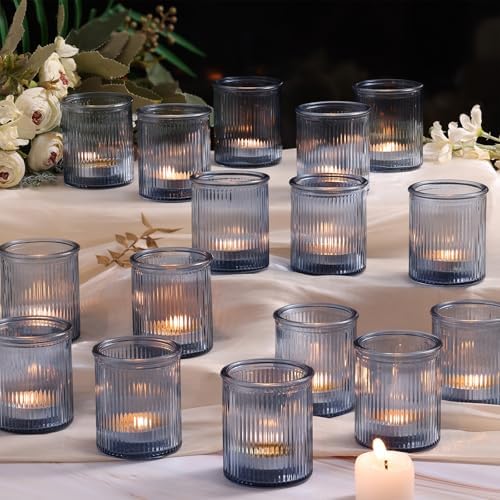 NITIME 32Pcs Ribbed Blue Votive Candle Holders, Tea Light Candle Holders for Table Centerpiece, Blue Candle Holders for Wedding Decor,Home and Holiday Decor by NITIME
