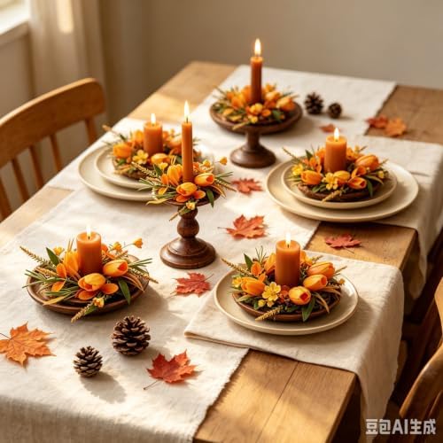 6 Pcs 1.38" Mini Fall Taper Candle Rings Wreaths Small Artificial with Orange Tulips Yellow Flowers Wheat Grass Green Leaves Orange Decorative Leaves Taper Candle Holder Wreath for Candlesticks Decor - Image 3