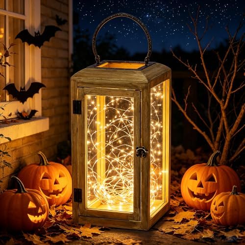 16" High Wooden Lantern Made of Solid Firwood in Distressed Natural with Metal Handle,Hurricane Lantern, Farmhouse Lantern for Party, Deck, Front Porch - Image 4