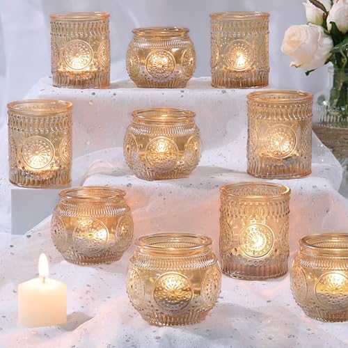 DARJEN 12Pcs Gold Votive Candle Holders - Glass Candle Holder for Table Centerpiece, Tea Lights Candle Holders for Home, Party & Wedding Shower Decoration by DARJEN
