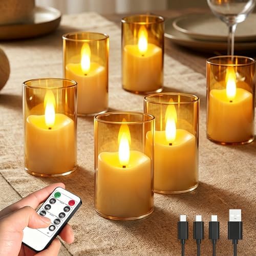 Rechargeable Flameless Tea Lights with Remote & Timer, Warm Flickering LED Votive Candles for Cozy Table Decor, Holidays, Weddings, Game Day & Everyday Home Ambience (Set of 6, Amber) by Ntewidbroansa