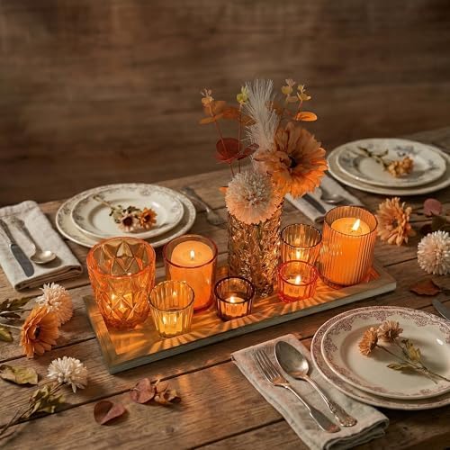 Votive Candle Holders Set with Wooden Tray - 8 Piece Rustic Colored Glass Candlestick & Solid Wood Centerpiece Decor for Mantel, Dining Table, Farmhouse Wedding Decor - Image 3