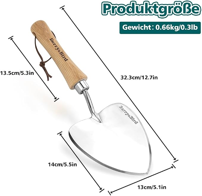 Berry&Bird Perennial Trowel, Oversized Garden Potting Trowels with Sharp Blade Wood Hand Shovel, Stainless Steel Planting TSpade Gardening Tool for Roots,Digging,Transplanting