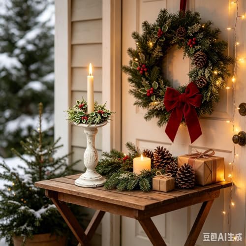 6 Pcs 1.38" Mini Christmas Taper Candle Rings Wreaths Small Artificial with Variegated Holly Leaves Red Berries White Cedar Sprigs Frosted Baby Breath Taper Candle Holder Wreath for Table Candlesticks - Image 4