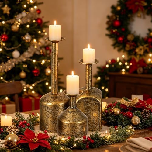 Farmhouse Metal Candlestick Holders in Antique Gold, Tall Taper Candle Holder, Set of 3, Industrial Farmhouse Style, Decor for Table Centerpiece (Gold) - Image 3