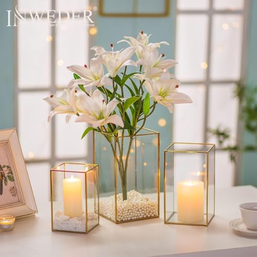 Hurricane Glass Candle Holder: Large Gold Lanterns Set of 3 - Image 3