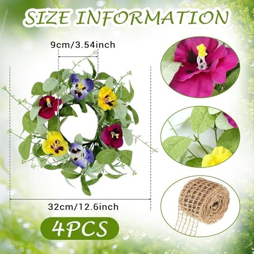 4 PCS Mini Spring Summer Kitchen Cabinet Wreaths Small Pansy Flowers Wreath for Front Door with Fern Branches Ribbon Small Flocked Lamb Ear Leaves Wreath for Indoor Outdoor Farmhouse Porch Wall Decor - Image 4