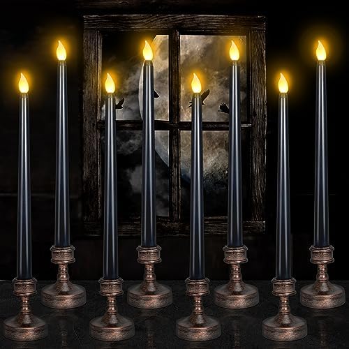 8 Pack Black Halloween Candles, Flameless Taper Candles with Base by YUNVI