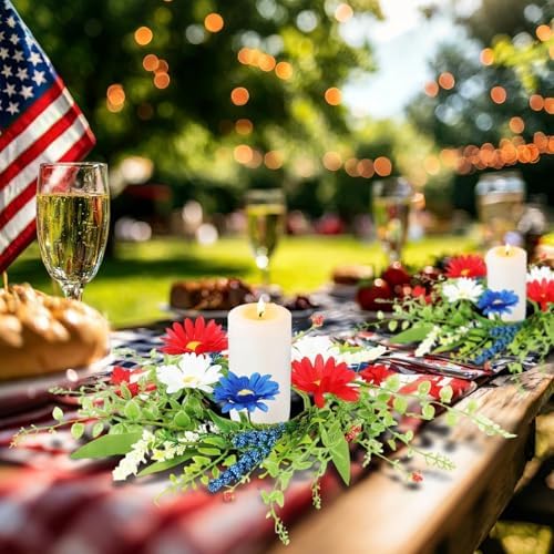 4 PCS Patriotic American Candle Rings Wreaths Artificial 4th of July Floral Candle Rings Holder with Daisy Flowers Mini July Independence Day Wreath for Party Home Table Centerpiece Decor - Image 6