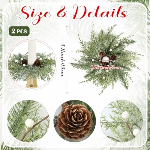 2 PCS Christmas Pine Taper Candle Rings Wreaths 1.38" Mini Norfolk Cedar Taper Candle Holder Wreaths Candle Rings with Berry Pinecones for Xmas Winter Church Home Table Centerpiece Candlesticks Decor - Image 2
