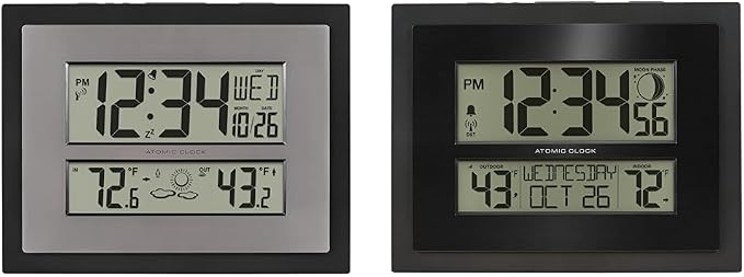 La Crosse Technology 512-65937-INT Atomic Digital Wall Clock with Temperature & Forecast & 513-75624-INT Digital Atomic Clock with Outdoor Temperature and Moon Phase