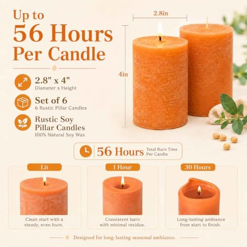 Burnt Orange Rustic Pillar Candles 6 Pack,2.8 x 4 Inch Soy Wax Candle - Image 4