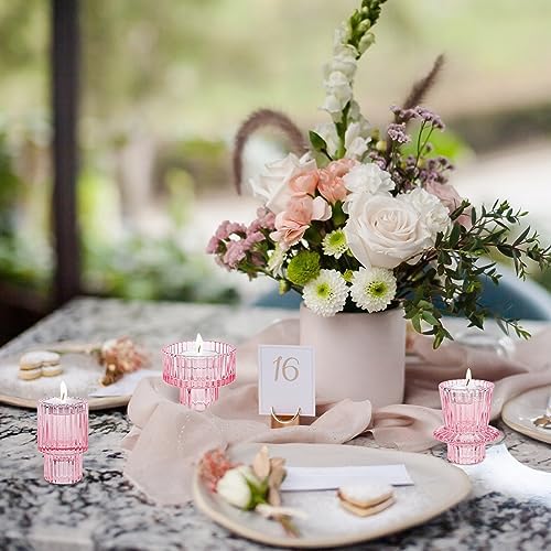 Taper Votive Candle Holder for Pillar Candles Tealight, Candlestick Holder for Wedding Christmas Tea Party, Boho Ribbed Vintage Crystal Glass Table Centerpiece Decor, Bulk Set of 6 (Pink) - Image 4