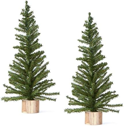 Pack of 2 Small Artificial Canadian Pine Christmas Trees 24 inch Pine Trees with Wood Bases - Add to Holiday Décor and Decorations in Home or Office by FactoryDirectCraft